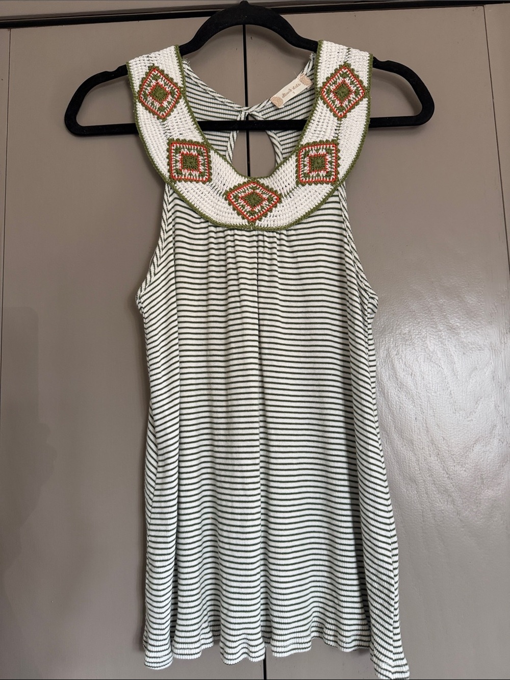 Altar'd State White & Olive Striped Crocheted Neck Tank